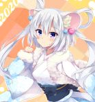 1girl 2020 animal_ear_fluff animal_ears bangs blush chinese_zodiac closed_mouth commentary_request eyebrows_visible_through_hair fur-trimmed_sleeves fur_trim fuuna hair_between_eyes hair_rings highres index_finger_raised japanese_clothes kimono long_hair long_sleeves mouse_ears obi original purple_eyes sash silver_hair sleeves_past_wrists smile solo two_side_up upper_body white_kimono year_of_the_rat 
