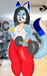  2020 anthro black_hair blue_body blue_eyes blue_fur bodily_fluids canid canine clothing exercise fur gym hair legwear long_hair male mammal markings muscular muscular_male shirt solo sweat tank_top thick_thighs tights topwear weightlifting weights wet wet_clothing workout wristband ya1k0n 