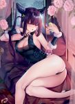  1girl ass bangs bare_shoulders black_dress blue_eyes blunt_bangs blush breasts china_dress chinese_clothes cleavage cup curtains detached_sleeves dress drinking_glass fate/grand_order fate_(series) flower hair_ornament highres large_breasts leaf long_hair looking_at_viewer obiwan open_mouth purple_hair sidelocks solo thighs twintails very_long_hair yang_guifei_(fate/grand_order) 