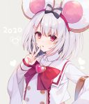  1girl 2020 animal_ears bangs bow commentary_request eyebrows_visible_through_hair frilled_sleeves frills granblue_fantasy grey_background hair_bow heart long_sleeves looking_at_viewer mayachi_(amuriya) mouse_ears parted_lips red_bow red_eyes shirt silver_hair simple_background sleeves_past_wrists solo striped striped_bow upper_body v vikala_(granblue_fantasy) white_shirt 