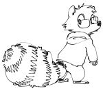  2019 ambiguous_gender anthro barefoot benjamin_(fuel) black_and_white bottomwear cheek_tuft clothed clothing eyewear facial_tuft fuel_(artist) glasses head_tuft hoodie looking_back mammal monochrome pants procyonid raccoon rear_view ringtail simple_background solo standing topwear tuft white_background 