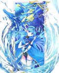 1girl armor black_leotard blue_cape blue_eyes blue_hair blue_hairband blue_theme boots cape ceres_(rayearth) closed_mouth dragon elbow_gloves gloves hairband head_tilt highres left-handed leotard long_hair looking_at_viewer magic_knight_rayearth magical_girl mecha pauldrons rapier ryuuzaki_umi smile sumomo_h sword thigh_boots thighhighs water weapon white_footwear white_gloves 