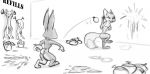  2019 anthro balloon bluedouble bodily_fluids bound breasts bucket butt canid canine cum cum_drip cum_on_wall cum_pool disney dripping excessive_cum female fox genital_fluids greyscale group holding_object humor inside jack_savage judy_hopps lagomorph leporid male mammal monochrome nick_wilde nude one_eye_closed penis rabbit red_fox scut_tail skye_(zootopia) submissive submissive_male zootopia 