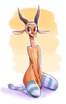  2019 abstract_background ambiguous_gender antelope anthro bovid chest_tuft chico_(fuel) clothing covering covering_crotch facial_markings fuel_(artist) gazelle gradient_background head_markings horn kneeling legwear mammal markings mostly_nude orange_background outline pattern_clothing pattern_legwear simple_background socks solo striped_clothing striped_legwear striped_socks stripes thigh_highs thigh_socks tuft white_background white_outline 