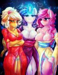  2014 anthro anthrofied applejack_(mlp) big_breasts blue_eyes blush bodily_fluids breast_size_difference breasts cleavage clothed clothing dimwitdog dress earth_pony equid equine female female/female flashing friendship_is_magic genital_fluids green_eyes group hi_res horn horse magic mammal my_little_pony nipples one_eye_closed pinkie_pie_(mlp) pony pterippus pussy pussy_juice rarity_(mlp) smile unicorn wings 