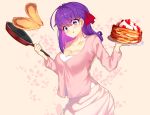  1girl bangs blush breasts cherry_blossoms cleavage collarbone commentary_request dress eyebrows_visible_through_hair fate_(series) food fruit hair_ribbon highres holding holding_pan holding_plate large_breasts long_hair looking_at_viewer matou_sakura pancake plate purple_eyes purple_hair red_ribbon ribbon smile solo tongue tongue_out yuruto 