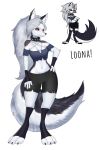  2019 anthro black_nose canid canid_demon claws clothed clothing collar demon ear_piercing female hair hand_on_hip hellhound helluva_boss loona_(vivzmind) mammal midriff navel notched_ear piercing red_eyes simple_background solo spiked_collar spikes standing swetpot toe_claws toeless_legwear white_background white_hair 