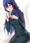 1girl ameno_(a_meno0) black_pants black_sweater blue_eyes blue_hair blush casual closed_mouth commentary_request cup fire_emblem fire_emblem_awakening hair_between_eyes holding holding_cup lips long_hair looking_at_viewer lucina_(fire_emblem) mug pants ribbed_sweater sitting smile solo sweater turtleneck turtleneck_sweater 