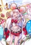 1girl ;d animal_ears balloon bangs bird blush_stickers bow chicken chin_stroking commentary_request dog eyebrows_visible_through_hair gem granblue_fantasy hair_bow hair_ornament hairclip heart highres kazana_(sakuto) long_sleeves looking_at_viewer midriff monkey mouse mouse_ears navel one_eye_closed open_mouth pig pleated_skirt red_bow red_eyes sheep shirt silver_hair skirt smile solo sparkle striped striped_bow v vikala_(granblue_fantasy) white_shirt white_skirt wide_sleeves 