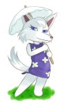  2014 2:3 animal_crossing anthro arctic_wolf biped blue_eyes canid canine canis clothing digital_media_(artwork) dress eyelashes featureless_feet female fur grass hi_res holding_object mammal nintendo parasol pink_nose purple_clothing purple_dress signature simple_background solo standing unknownlifeform video_games white_background white_body white_fur whitney_(animal_crossing) wolf 