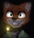  2018 anthro black_nose bodily_fluids bust_portrait canid canine clothed clothing collar dark disney fox fur green_eyes hi_res mammal necktie nervous nick_wilde orange_body orange_fur portrait red_fox shirt shock_collar solo sweat sweatdrop teeth topwear vhs273 zootopia 