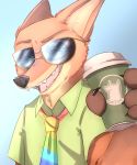  2018 anthro blue_background canid canine claws clothed clothing disney eyewear fangs fox fur green_eyes hi_res holding_cup holding_object light lighting mammal necktie nick_wilde open_mouth open_smile orange_body orange_fur red_fox shirt simple_background smile solo sunglasses teeth topwear vhs273 zootopia 