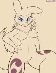  2019 anthro areola big_breasts black_sclera breasts canid canine curvy_figure digimon digimon_(species) digital_media_(artwork) female fur grin hi_res kadith looking_at_viewer mammal nipples nude portrait pose presenting pubes pussy renamon ruff simple_background smile solo standing thick_thighs 
