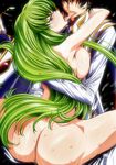  1girl anus ass black_hair blush breasts brown_eyes c.c. cc clothed_on_nude code_geass green_hair hetero huge_ass kiss lelouch_lamperouge long_hair nude saliva sweat tongue uncensored 