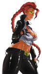  areolae braid breasts cleavage covered_nipples crimson_viper dark_skin gloves huge_breasts long_hair midriff nanboku naughty_face pompadour red_hair shirt_pull solo street_fighter street_fighter_iv_(series) sunglasses wide_hips 
