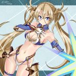  1girl armor bangs bare_shoulders bikini_armor bikini_top blonde_hair blue_eyes bradamante_(fate/grand_order) braid breasts cleavage collarbone dutch_angle elbow_gloves fate_(series) faulds gloves gluteal_fold hand_on_own_chest hebitsukai-san highres light long_hair medium_breasts midriff navel parted_bangs shield smile solo sparkle twintails twitter_username very_long_hair 
