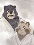  2018 anthro blush canine clothed clothing duo kita_9999 male mammal simple_background tanuki ursine 