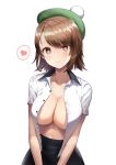  1girl bangs black_skirt blush breasts brown_eyes brown_hair cleavage closed_mouth collared_shirt dress_shirt eyebrows_visible_through_hair greem_bang green_headwear heart highres large_breasts looking_at_viewer navel no_bra open_clothes open_shirt pokemon pokemon_(game) pokemon_swsh shirt skirt smile solo spoken_heart tam_o&#039;_shanter upper_body white_shirt yuuri_(pokemon) 