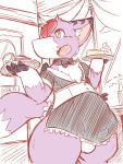  2019 absurd_res anthro black_body black_fur black_skin black_stripes black_wings blush bow_tie bulge butt claws clothing digimon digimon_(species) dolpix dorumon dragon fangs featureless_crotch feral fluffy fluffy_tail fox_tail fur furred_dragon hi_res japanese_text maid_uniform male purple_body purple_fur purple_skin semi-anthro solo stripes suit text toe_claws translated uniform waiter white_body white_fur white_skin wings x-digimon yellow_eyes 