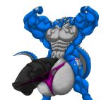  balls big_balls clothing dragon earpiece erection flexing horn huge_balls hyper hyper_balls hyper_penis male muscular penis sachiel_666 simple_background speedo swimwear torn_clothing vein white_background 