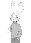  2018 bottomwear clothed clothing disney ear_markings eyewear facial_markings fully_clothed glasses hand_in_pocket head_markings head_tuft holding_cup holding_object jack_savage lagomorph leporid looking_at_viewer mammal markings pants pockets portrait rabbit simple_background sketch sweater swetpot three-quarter_portrait topwear tuft white_background zootopia 