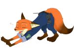  2017 all_fours anthro barefoot belt canid canine clothed clothing dipstick_ears dipstick_tail disney eyes_closed fox fully_clothed fur mammal multicolored_ears multicolored_tail neck_tuft nick_wilde one_ear_up open_mouth orange_body orange_fur police_uniform red_fox simple_background solo stretching swetpot tuft uniform white_background zootopia 