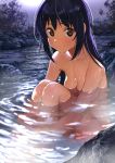  1girl bangs bath bathing blue_hair blush breasts brown_eyes cleavage commentary_request dripping eyebrows_behind_hair highres knees_to_chest knees_up leg_hug legs_together long_hair looking_at_viewer nude onsen original outdoors partially_submerged rock sitting smile solo tshangen131 water wet wet_hair 