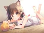  1girl animal_ear_fluff animal_ears bangs bare_arms bare_shoulders barefoot bloomers blurry blurry_background blush brown_eyes brown_hair camisole cat_ears closed_mouth collarbone commentary_request depth_of_field eyebrows_behind_hair kuga_tsukasa legs_up long_hair lying on_floor on_stomach original red_ribbon ribbon smile soles solo star star_print underwear white_bloomers white_camisole wooden_floor yarn yarn_ball 
