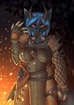  5_fingers armor blue_hair breasts canid canine canis claws clothed clothing costume dark diaminerre female fingers fire hair halfbody heterochromia horn jewelry leather leather_armor mammal ring solo sparkles warrior wolf 