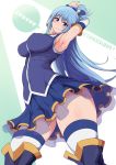  1girl aqua_(konosuba) arched_back armpits arms_up bangs blue_eyes blue_footwear blue_hair blue_shirt blue_skirt blush boots breasts copyright_name covered_nipples detached_sleeves dot_nose eyebrows_visible_through_hair from_below green_background grin hair_between_eyes hair_ornament hair_rings highres kono_subarashii_sekai_ni_shukufuku_wo! large_breasts lips long_hair looking_at_viewer pleated_skirt ponpo raised_eyebrows shiny shiny_hair shiny_skin shirt skirt sleeveless sleeveless_shirt smile solo standing thick_thighs thigh_boots thighhighs thighs transparent_skirt two-tone_background white_background 
