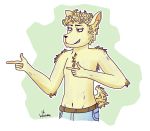  absurd_res anthro bottomwear canid canine canis clothing domestic_dog finger_gun fur gesture hi_res jeans male mammal pants solo wobbletits yellow_body yellow_fur 