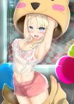  absurdres armpits bralines breasts cleavage cosplay highres kigurumi ninyo_(user_pddg5877) original see-through shirt short_shorts shorts sweat tank_top wet wet_clothes wet_shirt 