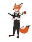  2017 3_toes 4_fingers anthro barefoot biped bottomwear canid canine claws clothed clothing crossed_arms dipstick_ears dipstick_tail disney fingers flower fox fully_clothed fur green_eyes gun handgun hi_res holding_flower holding_gun holding_object holding_weapon looking_at_viewer male mammal multicolored_ears multicolored_tail necktie nick_wilde no_pupils orange_body orange_fur pants pistol plant ranged_weapon rose_(flower) shirt silencer simple_background solo standing swetpot toes topwear vest weapon white_background zootopia 