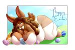  big_breasts bow_tie breasts bunny_costume clothing costume easter easter_egg hair holidays lagomorph leporid looking_at_viewer mammal overweight rabbit simple_background smile twistedlilheart 