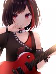  &gt;:) 1girl bang_dream! bangs bare_shoulders black_collar black_hair black_shirt closed_mouth collar collarbone electric_guitar eyebrows_visible_through_hair guitar highres holding holding_instrument holding_plectrum instrument komomo_(ptkrx) mitake_ran multicolored_hair off_shoulder plectrum red_eyes red_hair shirt simple_background smile solo streaked_hair studded_bracelet studded_collar upper_body v-shaped_eyebrows white_background 