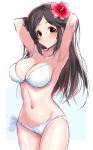  1girl :o armpits arms_behind_head bangs bikini black_hair blush breasts brown_eyes cleavage cowboy_shot eyebrows_visible_through_hair flower gradient_eyes hair_down hair_flaps hair_flower hair_ornament hibiscus idolmaster idolmaster_cinderella_girls large_breasts long_hair looking_at_viewer momoi_azuki multicolored multicolored_eyes navel nose_blush parted_bangs side-tie_bikini simple_background solo sousakubito stomach strap_gap swimsuit wet white_background white_bikini yellow_eyes 