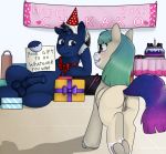  69beas anus balls birthday_hat chikako digital_media_(artwork) duo english_text equid equine fan_character female feral gift hi_res horn horse male mammal my_little_pony penis pterippus pussy shabaco text unicorn wings 