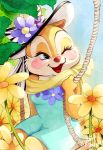  anthro blue_eyes blush chipmunk clarice_(disney) clothed clothing disney dress eyelashes female fur green_clothing green_dress ground_squirrel hat headgear headwear looking_aside mammal one_eye_closed open_mouth open_smile rodent sciurid sitting smile swing swinging tan_body tan_fur wink 