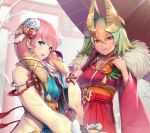  2girls blonde_hair blue_eyes breasts choker cowboy_shot day earrings eyebrows_visible_through_hair feathers fire_emblem fire_emblem_heroes flower fur_trim gonzarez gradient_hair green_hair gunnthra_(fire_emblem) hair_feathers hair_flower hair_ornament hand_in_hair horn_ornament japanese_clothes jewelry kimono laegjarn_(fire_emblem) lips long_sleeves looking_at_viewer medium_breasts medium_hair multicolored_hair multiple_girls new_year obi open_mouth outdoors pink_hair red_eyes sash smile snow snowflake_print tassel torii two-tone_hair umbrella wide_sleeves yukata 