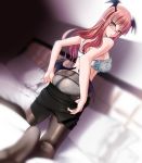  1girl ass bangs bare_arms bare_shoulders bed bespectacled black_legwear black_skirt blurry blurry_background blush bra breasts commentary_request demon_wings dutch_angle eyebrows_visible_through_hair feet_out_of_frame glasses head_wings highres indoors kneeling koakuma large_breasts long_hair looking_at_viewer low_wings miniskirt no_shoes panties panties_under_pantyhose pantyhose pillow pointy_ears pulled_by_self red_eyes red_hair skirt skirt_pull smile solo thighs touhou underwear underwear_only white_bra white_panties wings yumi_(careca398) 
