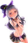  1girl asacrebleu bangs bare_shoulders bikini_top blunt_bangs blush breasts choker closed_mouth collarbone flower_bracelet hat headband highres hololive lavender_hair long_hair looking_at_viewer murasaki_shion navel small_breasts solo star sweat swimsuit virtual_youtuber white_background witch_hat 
