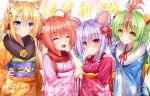  4girls :d ^_^ ahoge animal_ear_fluff animal_ears bangs blonde_hair blue_eyes blue_kimono blush bow brown_eyes brown_hair brown_kimono checkered chinese_zodiac closed_eyes closed_mouth commentary_request eyebrows_visible_through_hair fang floral_print flower green_hair hair_between_eyes hair_bow hair_flower hair_ornament hand_on_hip hands_on_another&#039;s_shoulders happy_new_year holding_hands japanese_clothes kimono long_sleeves mouse_ears multicolored_hair multiple_girls new_year obi open_mouth original pink_flower pink_kimono print_kimono purple_hair red_bow red_eyes red_hair red_kimono ringlets sash smile two-tone_hair wide_sleeves year_of_the_rat yellow_flower yunagi_amane 