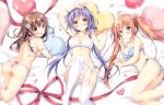  3girls :d ahoge arm_up ass bare_arms bare_shoulders blue_bra blue_panties blush bow bow_bra bow_panties bra braid breasts brown_eyes brown_hair cleavage closed_mouth collarbone flower garter_belt hair_flower hair_ornament haruka-chan_(pan_(mimi)) heart heart_pillow knee_up kokoa-chan_(pan_(mimi)) lace lace-trimmed_bra large_breasts long_hair low_twintails lying multiple_girls navel no_shoes on_back on_side on_stomach open_mouth original pan_(mimi) panties pillow pillow_hug pink_bra pink_panties purple_eyes purple_hair red_eyes smile socks thighhighs twintails underwear underwear_only uta-chan_(pan_(mimi)) very_long_hair white_bra white_flower white_legwear white_panties 