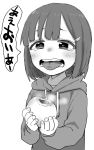  1girl bangs baozi blush commentary_request drawstring eyebrows_behind_hair food greyscale hair_ornament hairclip highres holding holding_food hood hood_down hoodie long_sleeves looking_at_viewer lower_teeth monochrome open_mouth original simple_background sleeves_past_wrists solo steam tears tongue tongue_out translation_request upper_body upper_teeth white_background yamamoto_souichirou 