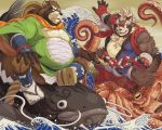  2020 anthro asian_clothing belly bottomwear brown_body brown_fur canid canine clothing east_asian_clothing fundoshi fur goemon_(tas) gyobu hat headgear headwear humanoid_hands japanese_clothing male mammal masabowser moobs nipples outside overweight overweight_male raccoon_dog robe shorts sitting tanuki tokyo_afterschool_summoners underwear video_games water 