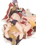  3boys animal_ears blonde_hair blue_eyes blush bound bunny_tail cape christmas erune fur_trim granblue_fantasy hat highres hinoakimitsu lying male_focus multiple_boys on_stomach purple_hair quatre_(granblue_fantasy) sack santa_hat shorts siete silver_eyes silver_hair six_(granblue_fantasy) squatting tail tied_up 