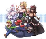  2boys 3girls absurdres black_hair blonde_hair blue_dress blue_eyes blush_stickers boo bowsette breasts chain_chomp choker cleavage dragging dress facial_hair fire fleeing green_shirt heart heart_eyes highres huge_filesize jewelry large_breasts long_hair looking_at_another luigi mario multiple_boys multiple_girls mustache necklace overalls pointy_ears princess_chain_chomp princess_king_boo purple_eyes red_shirt sharp_teeth shirt spiked_shell teeth white_hair 