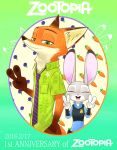  2017 aloha_shirt anthro buckteeth canid canine clothing dipstick_ears disney duo eyes_closed female fox fur gesture gloves_(marking) hand_in_pocket hi_res inner_ear_fluff judy_hopps lagomorph leporid looking_at_viewer male mammal markings multicolored_ears nick_wilde open_mouth open_smile orange_body orange_fur pockets rabbit shirt smile swetpot teeth text topwear tuft v_sign zootopia 