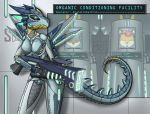  ac-089 anthro azural_cobaltros blue_eyes captive claws dragon english_text facility female horn looking_at_viewer machine mecha ranged_weapon raygun robot scalie science_fiction solo standing text weapon 