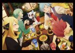  1girl 3boys black_dress blonde_hair blush brown_eyes chopsticks dress drunk food froslass green_hair highres jewelry long_hair mikuri_(pokemon) multiple_boys pokemon pokemon_(game) pokemon_dppt pokemon_hgss pokemon_oras red_hair ring shirona_(pokemon) silver_eyes silver_hair sitting tsuwabuki_daigo wataru_(pokemon) yukin_(es) 